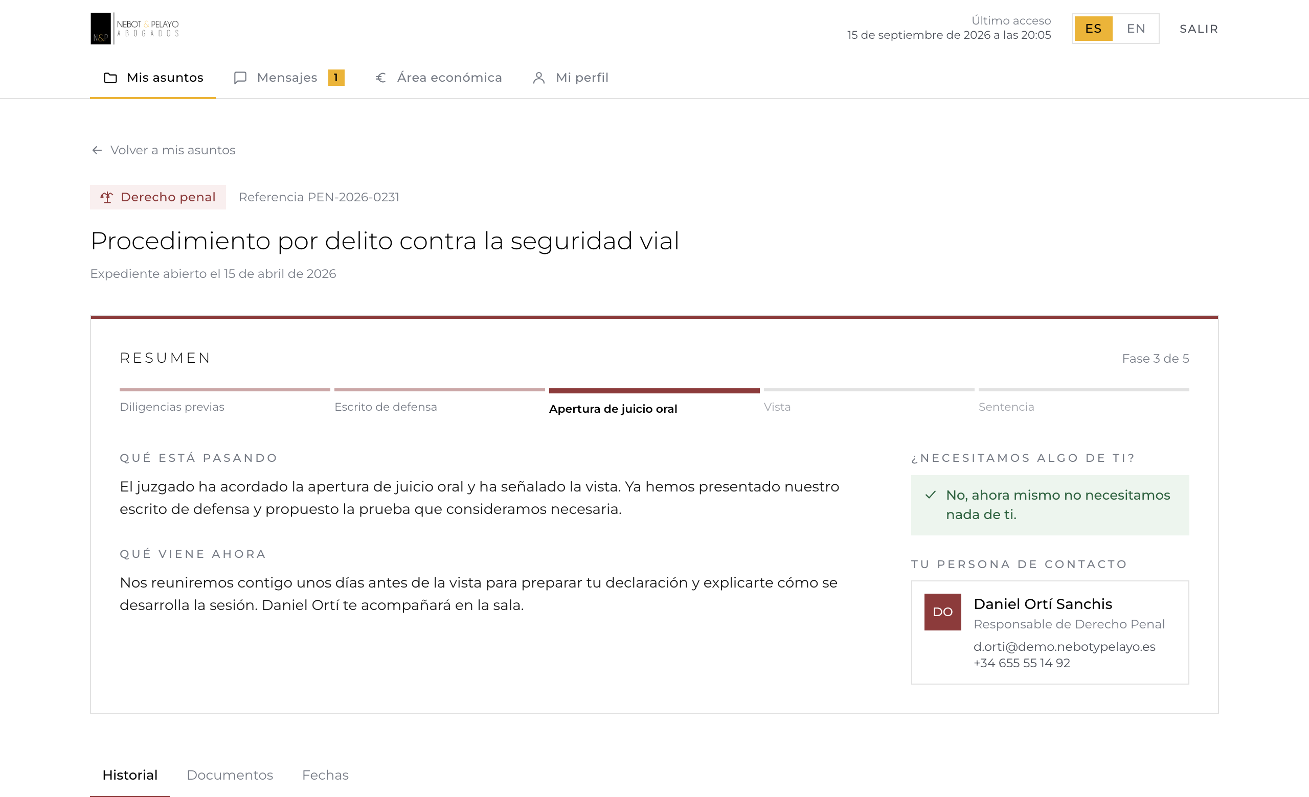Ficha de un expediente en el portal del cliente